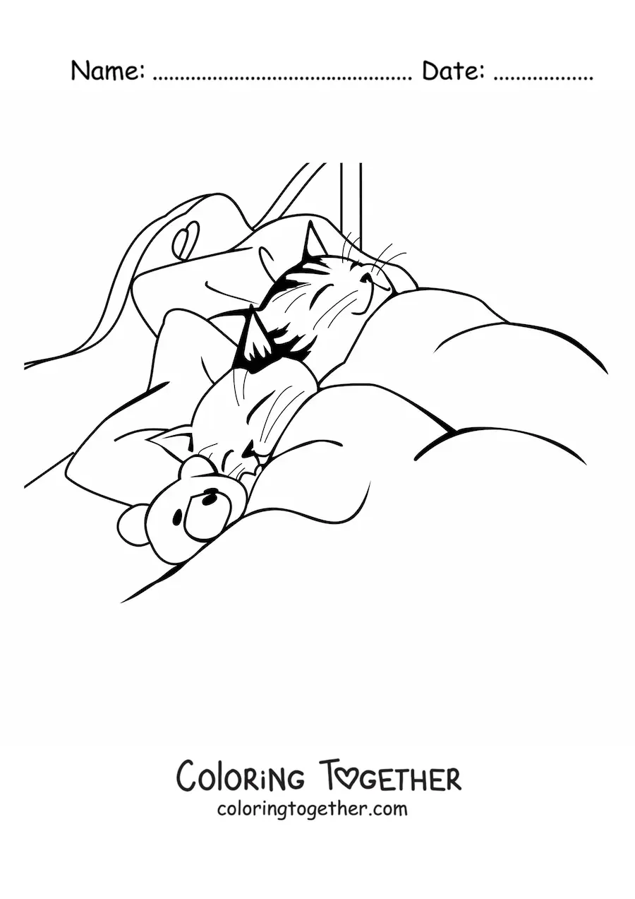 Coloring page of two cats sleeping in a bed next to a teddy bear