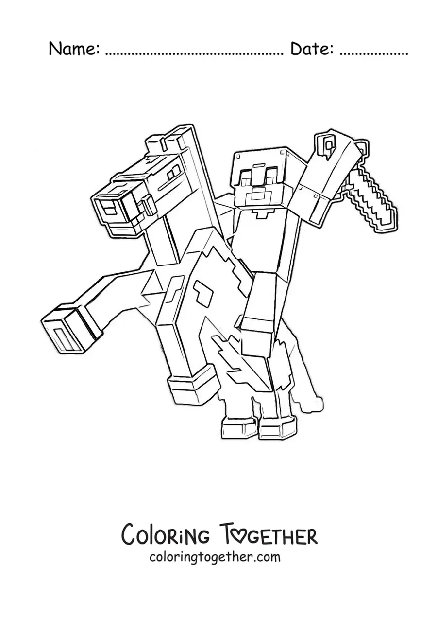 Coloring page of Steve on a Minecraft horse