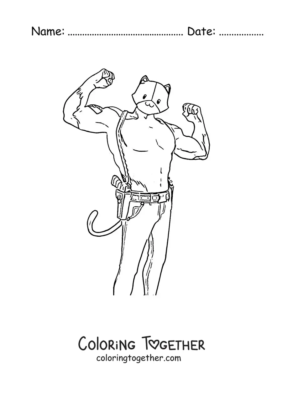 Coloring page of Meowscles from Fortnite flexing his arms