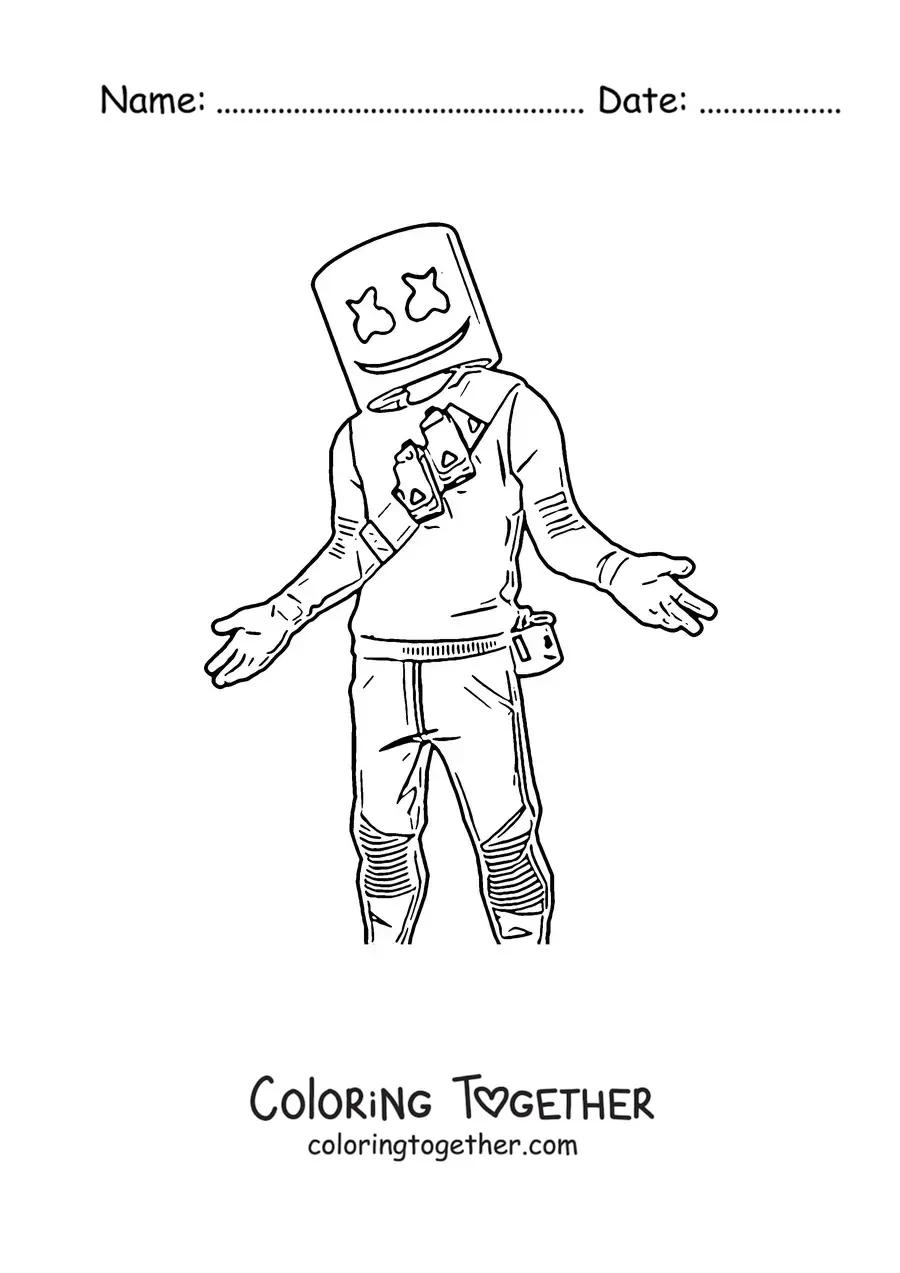 Coloring page of Marshmello from Fortnite with his arms open