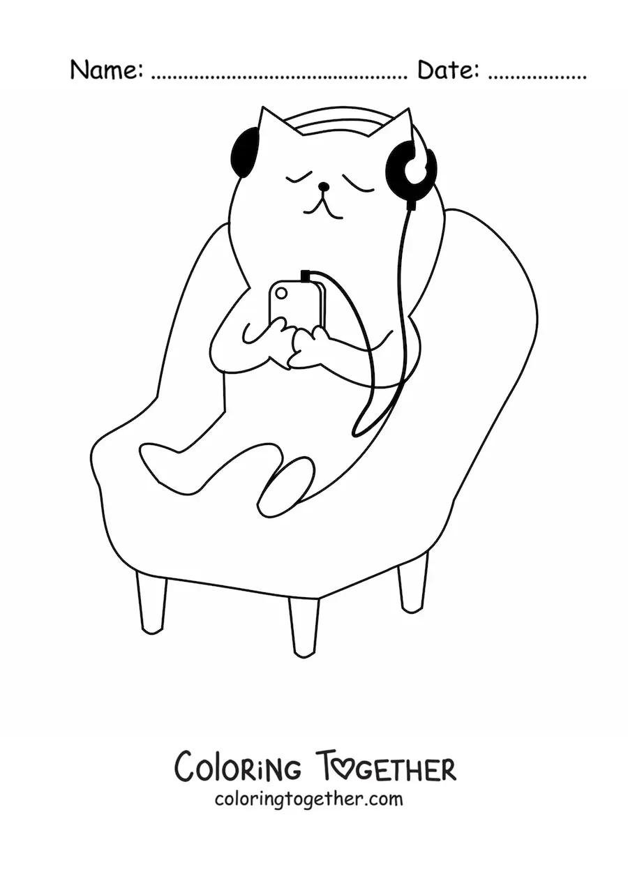 Coloring page of a cartoon cat sitting and listening to music with headphones