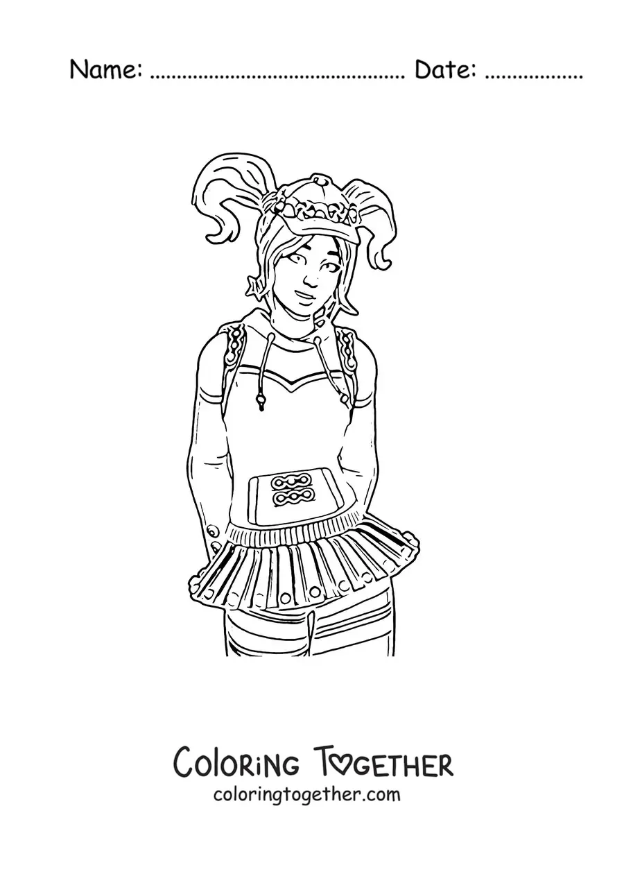 Coloring page of Zoey from Fortnite with her arms behind her