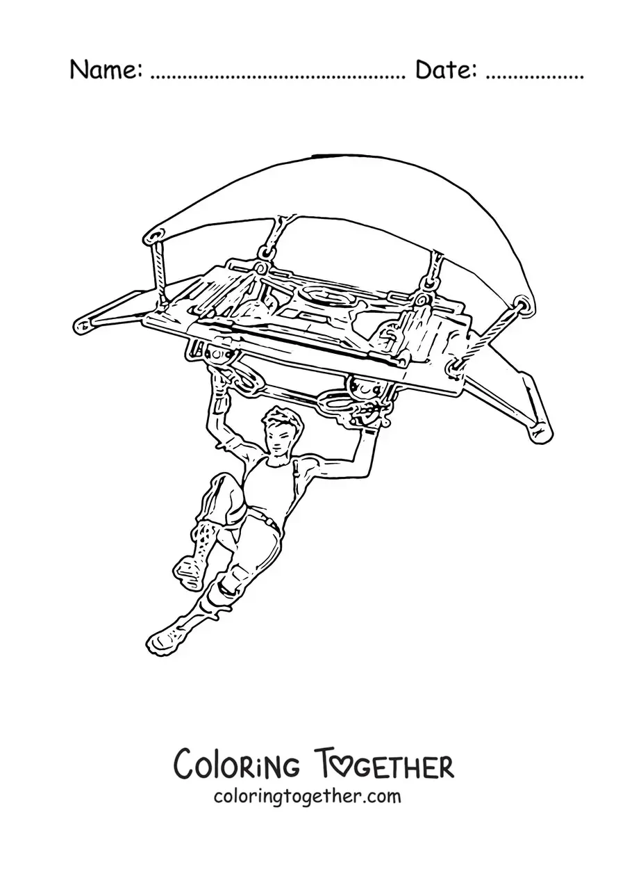Coloring page of a Fortnite girl landing with a glider