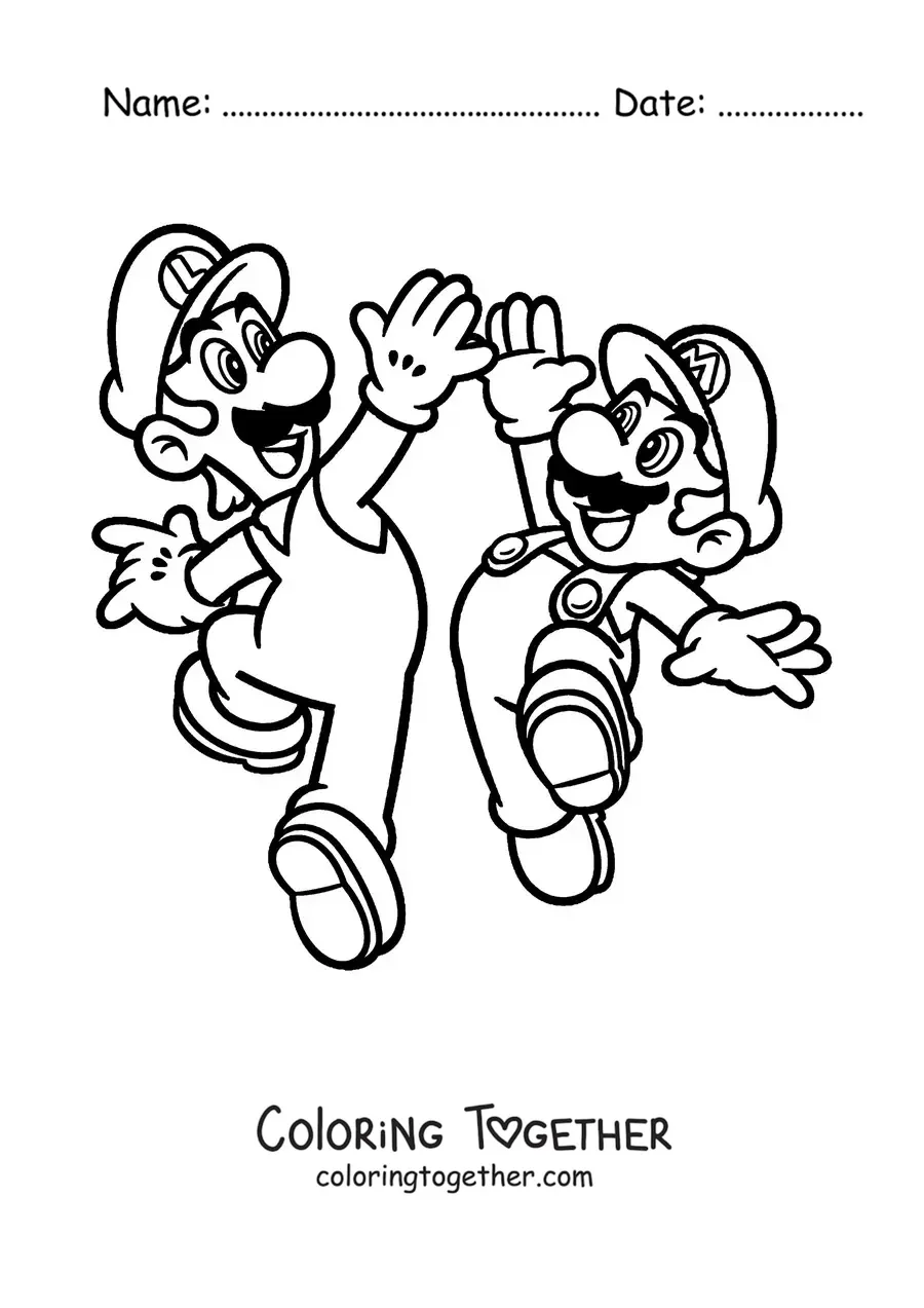 Coloring page of the brothers Mario and Luigi jumping and high-fiving