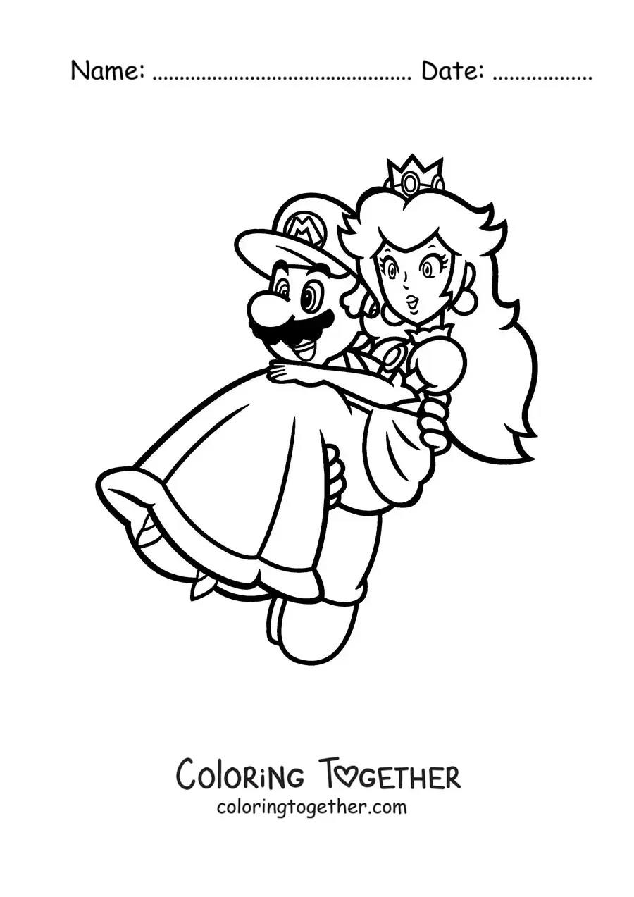 Coloring page of Mario rescuing Princess Peach