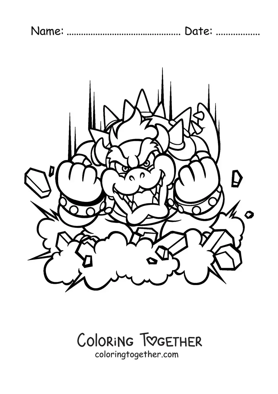 Coloring page of Bowser from Mario Bros attacking in battle