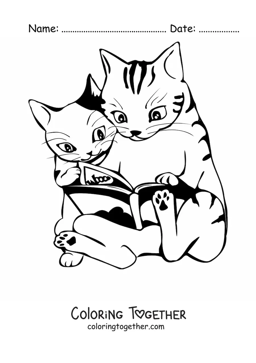 Coloring page of two cartoon cats sitting and reading a book