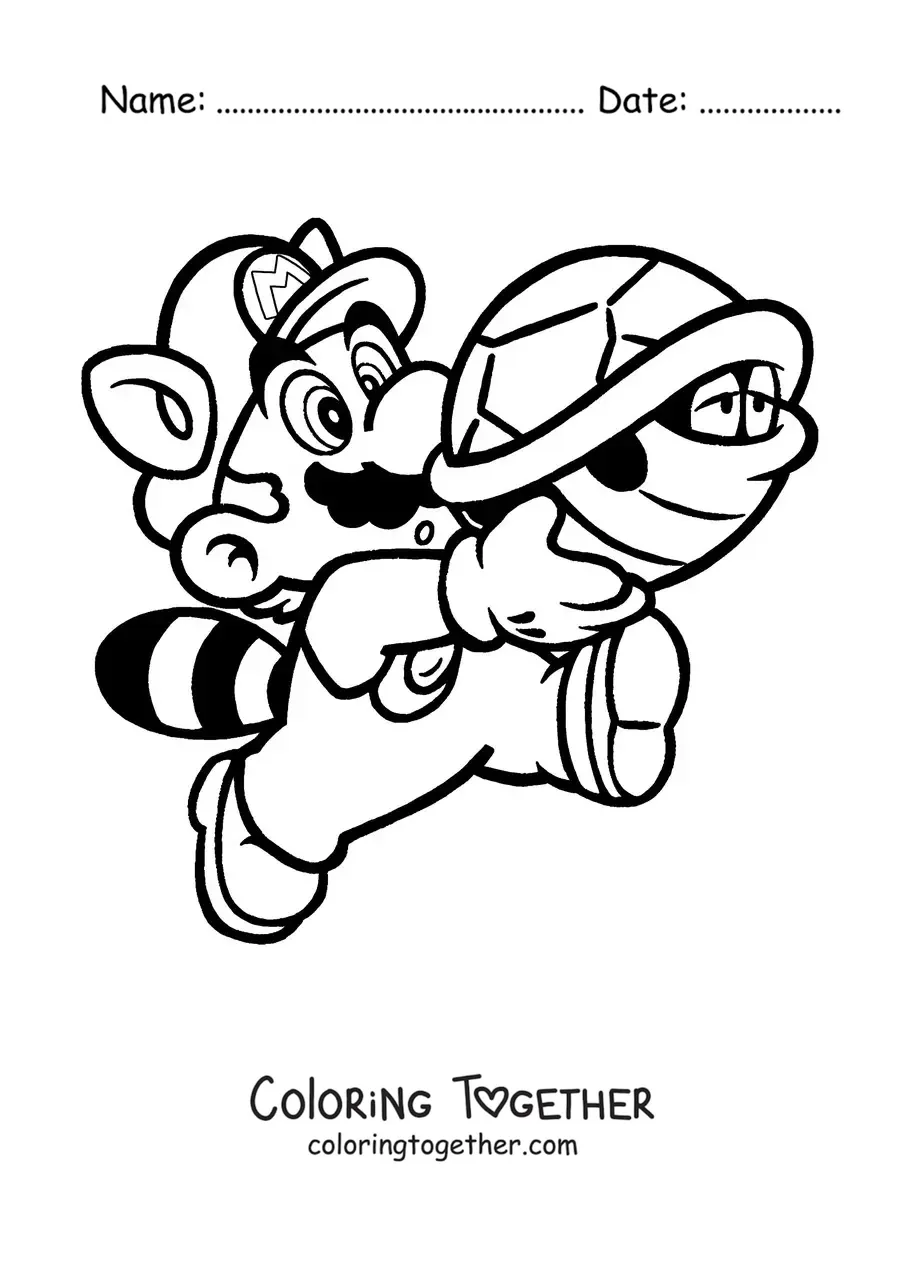 Coloring page of Raccoon Mario from Mario Bros with a shell