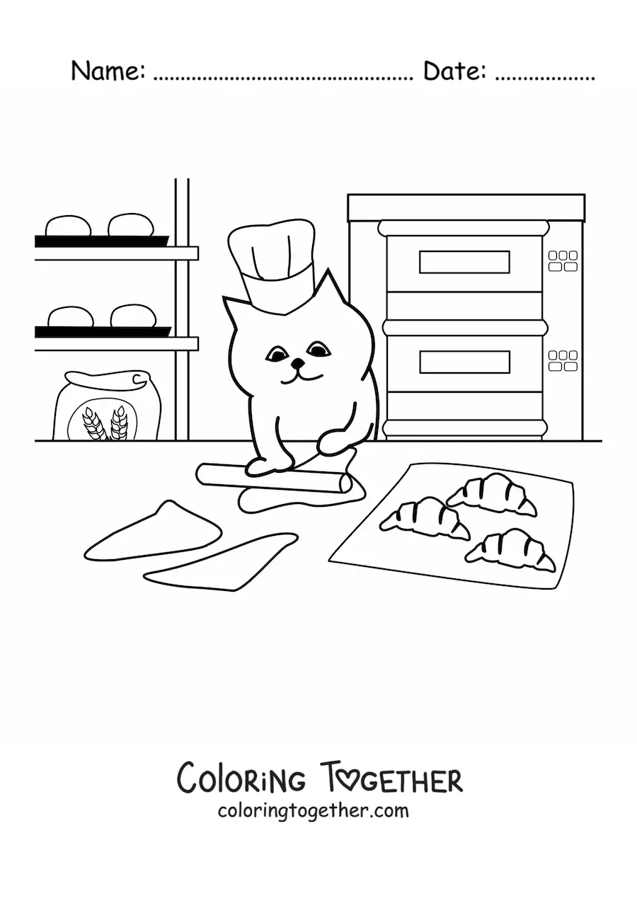 Coloring page of an animated baker cat cooking croissants