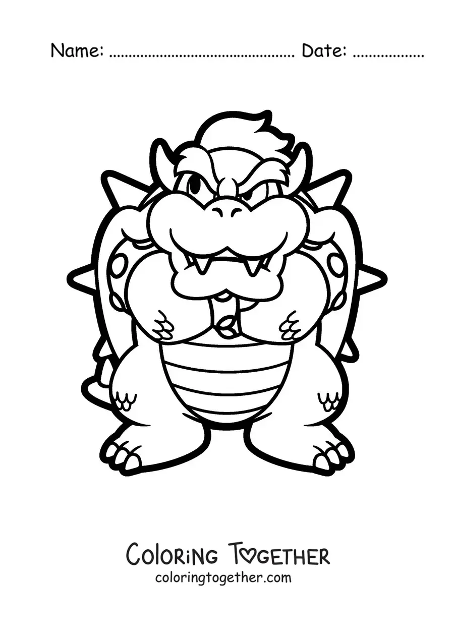Coloring page of Bowser from Mario Bros crossing his arms