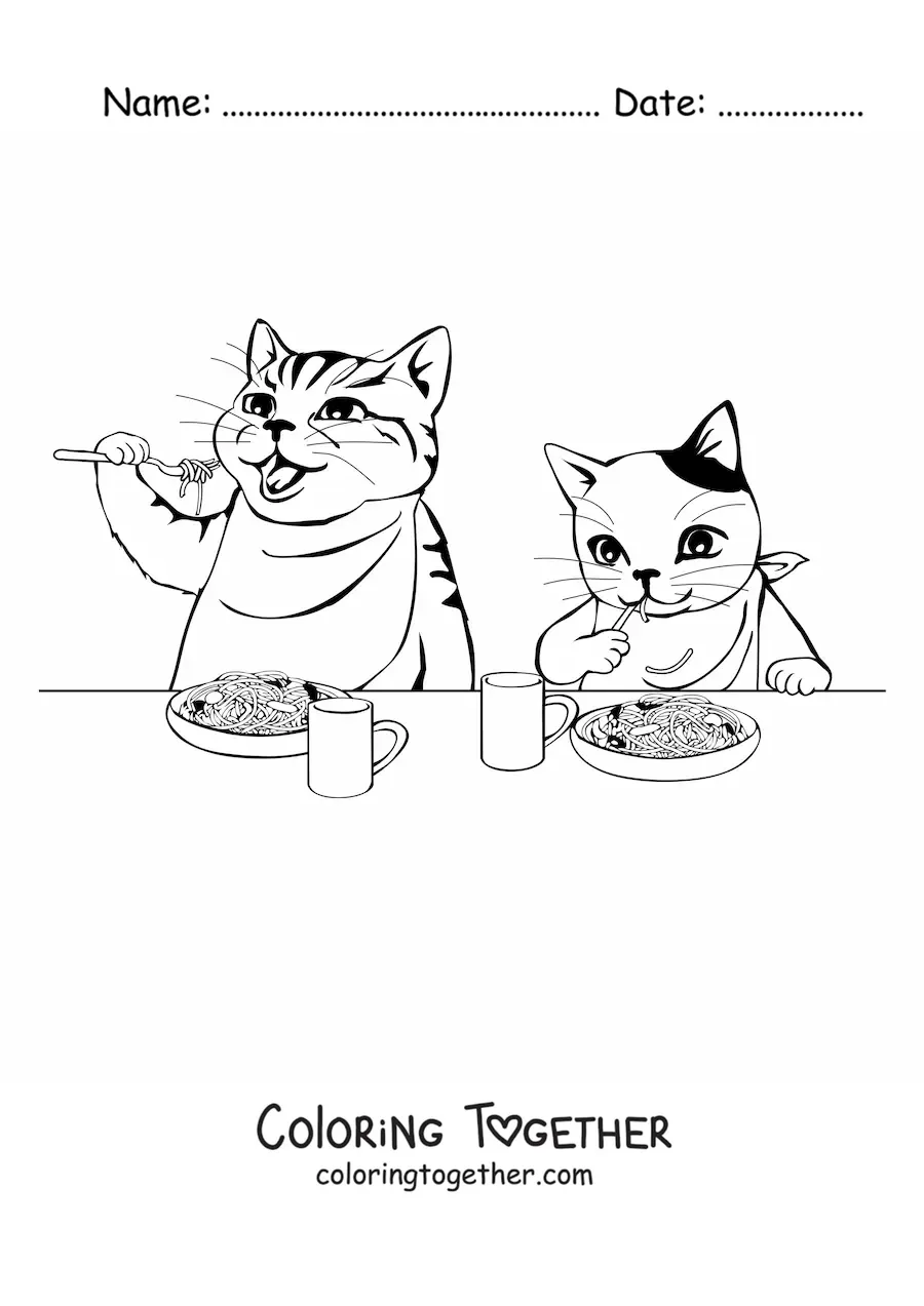 Coloring page of two animated cats eating pasta with cutlery