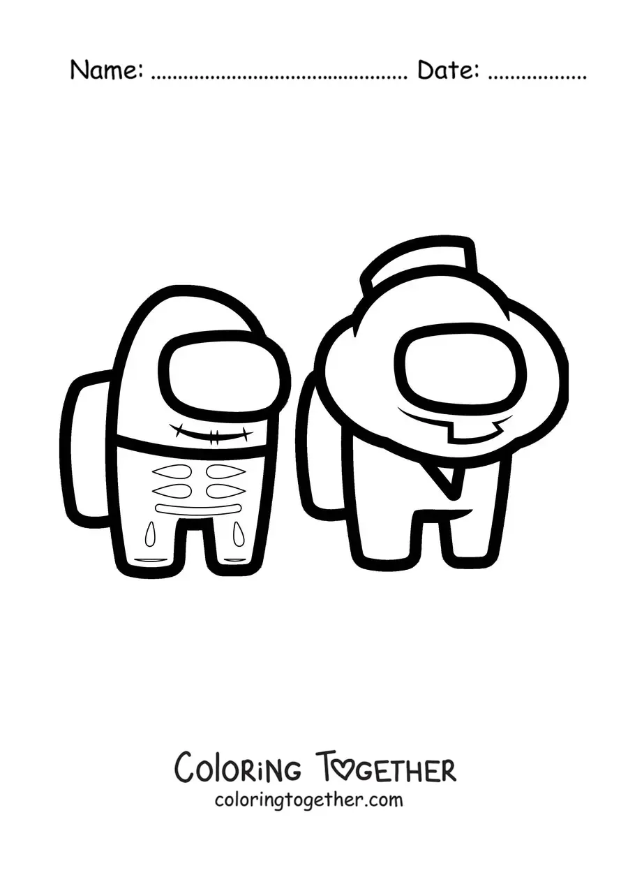 Coloring page of two Among Us crewmates in Halloween costumes