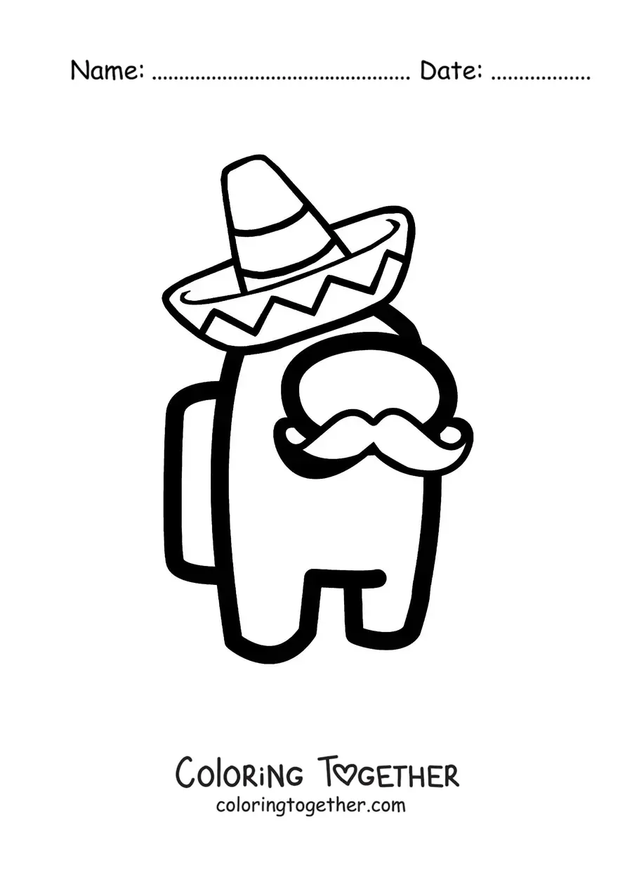Coloring page of an Among Us crewmate with a Mexican sombrero