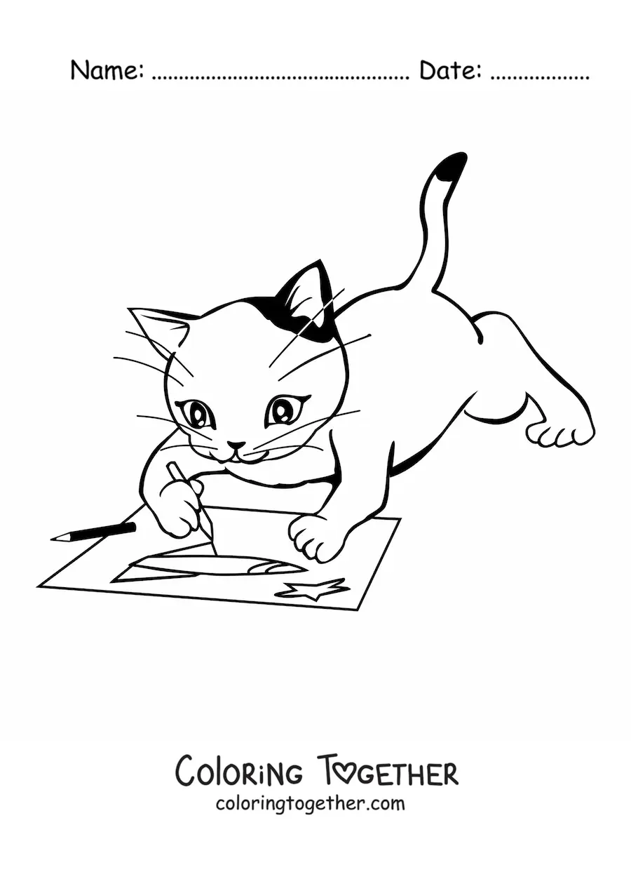 Coloring page of an animated cat drawing on a sheet of paper