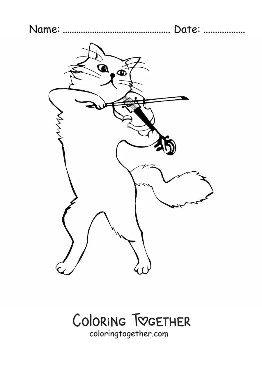 Coloring page of a cartoon cat playing the violin