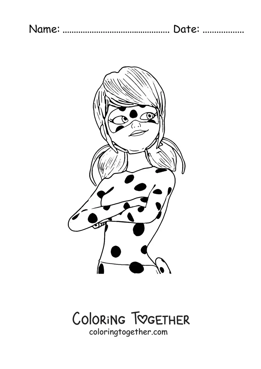 Coloring page of Marinette in her Ladybug suit with arms crossed