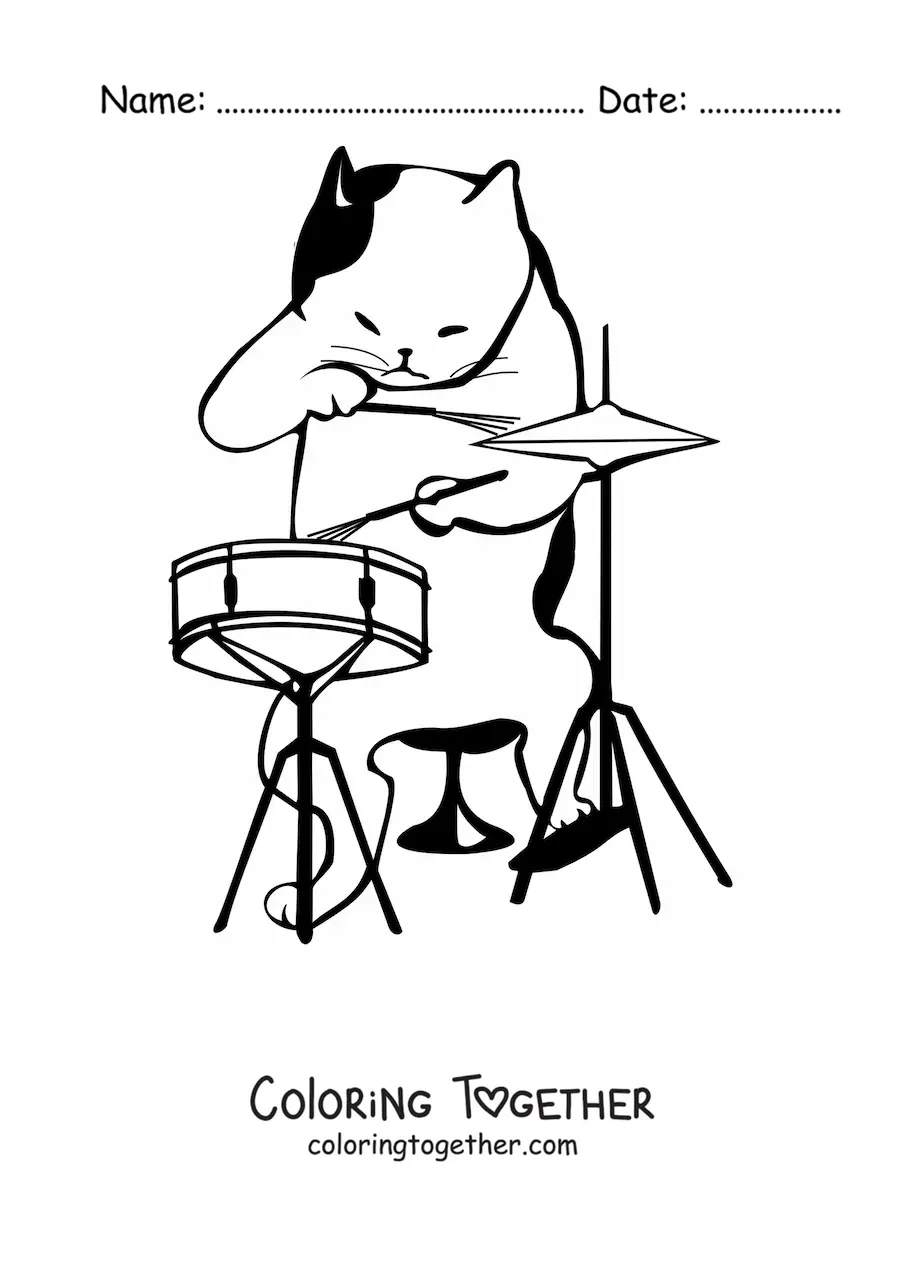 Coloring page of a cartoon cat playing the drums