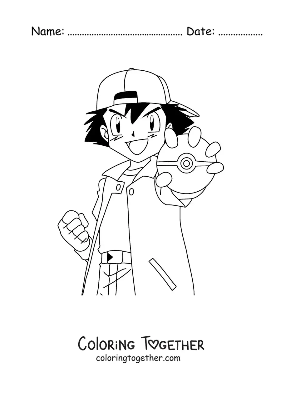 Coloring page of Ash Ketchum from Pokemon with a Poke Ball