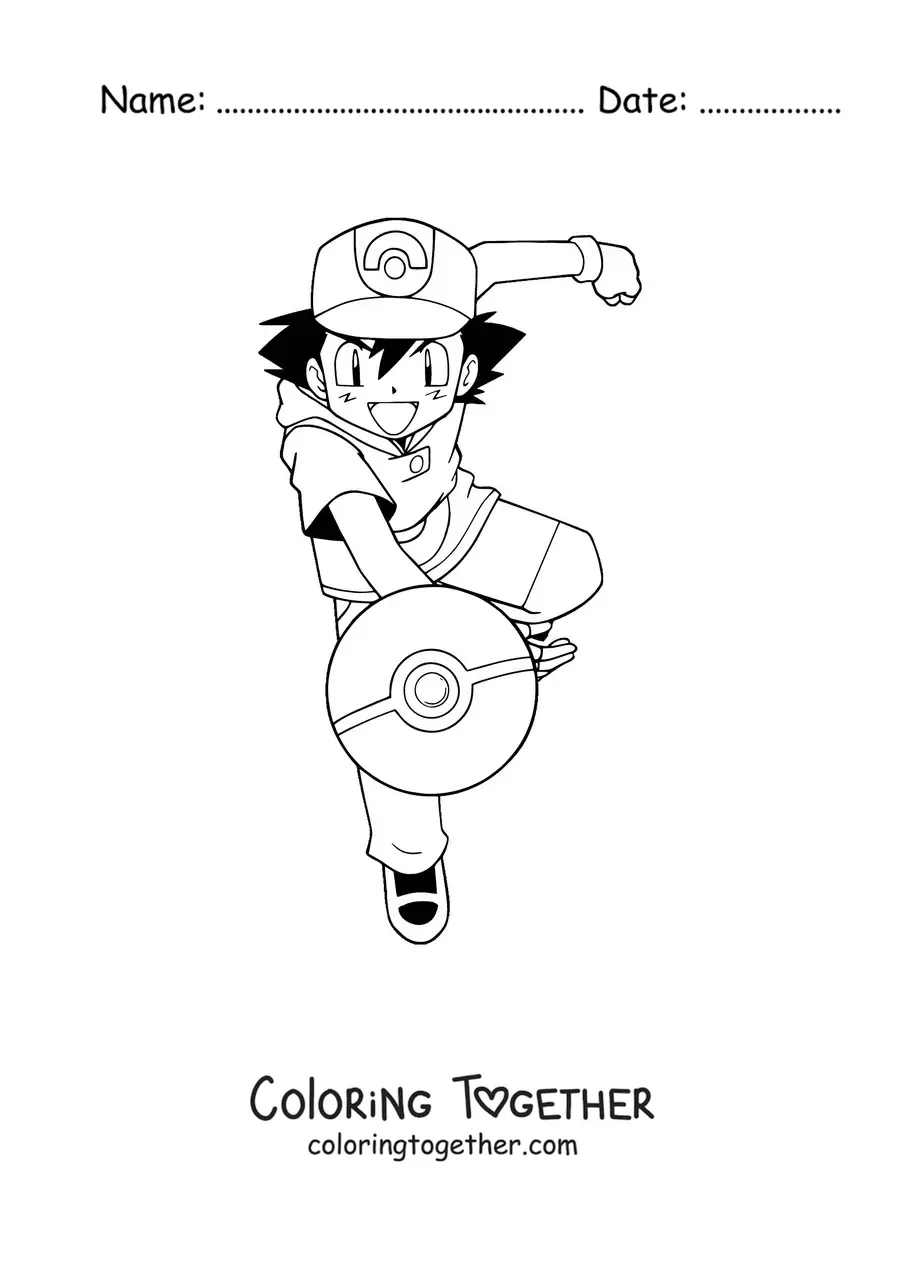 Coloring page of Ash Ketchum from Pokemon throwing a Poke Ball