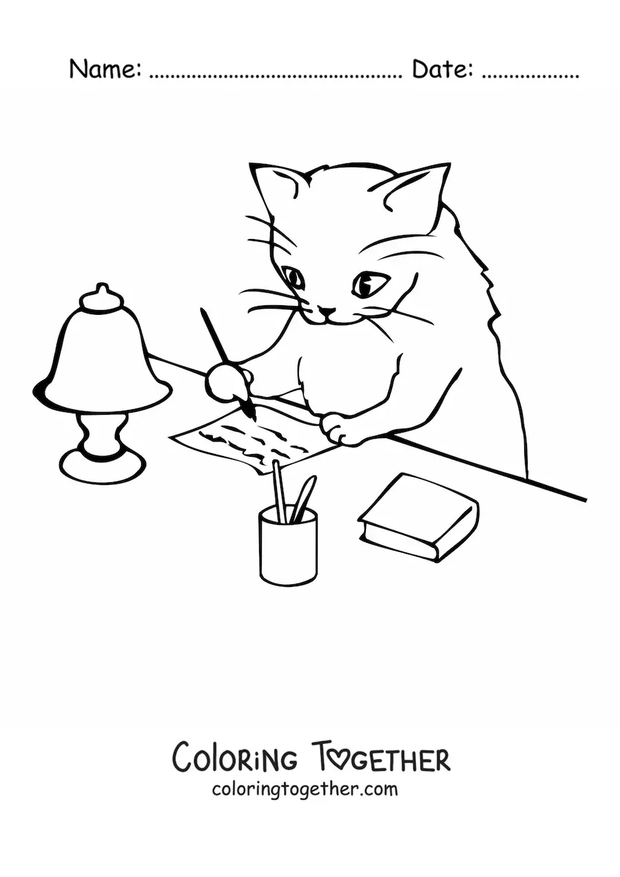 Coloring page of a cartoon cat writing a letter
