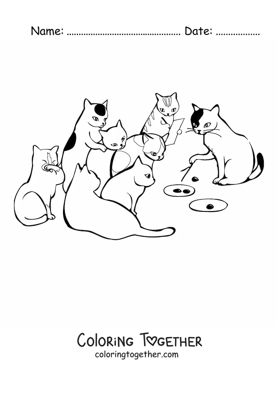 Coloring page of a gathering of cats hatching a plan