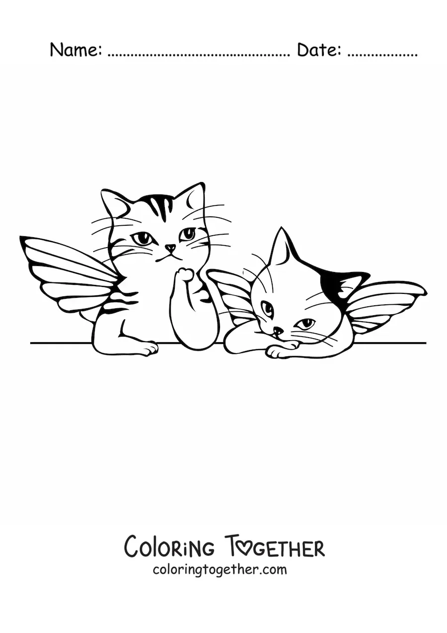 Coloring page of two cartoon cats with wings