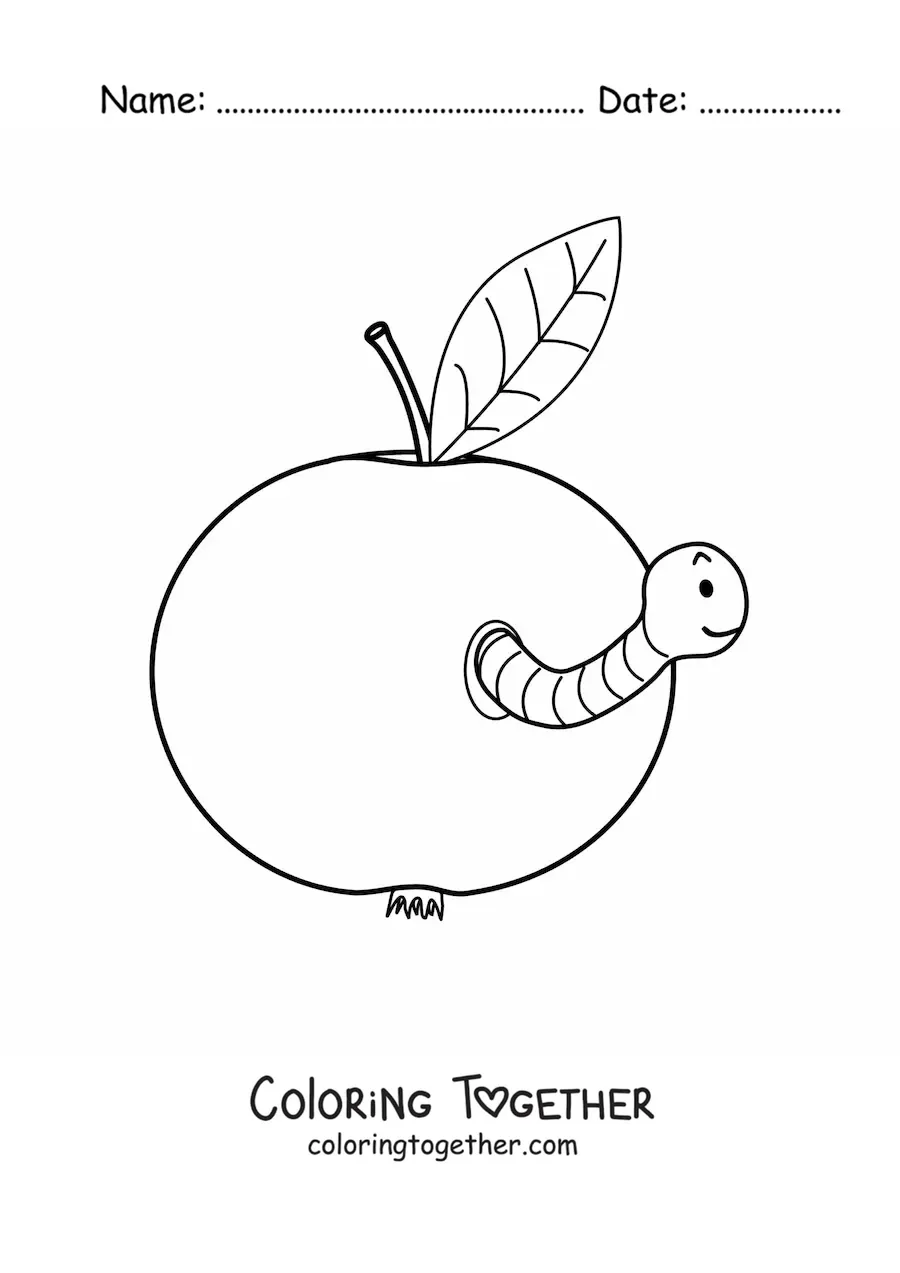 Coloring page of an apple with a cartoon worm