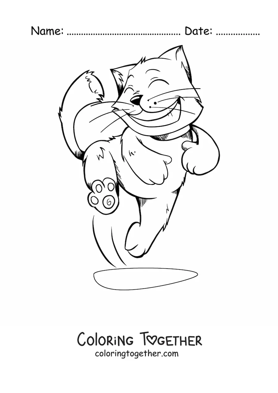 Coloring page of a cartoon cat jumping