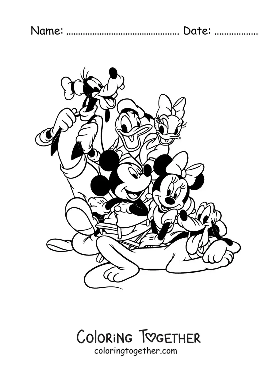 Coloring page of Mickey Mouse with his friends