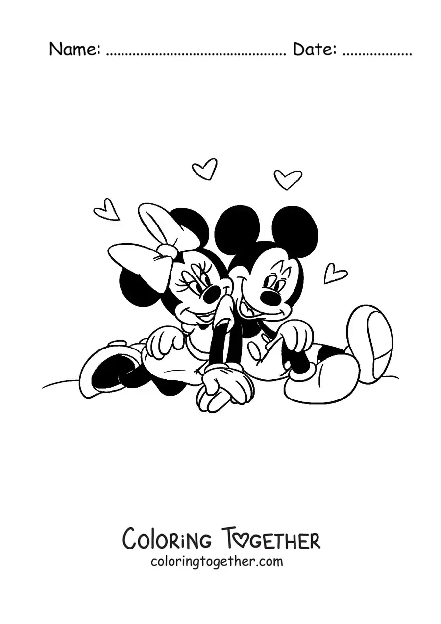 Coloring page of Mickey and Minnie sitting together surrounded by hearts