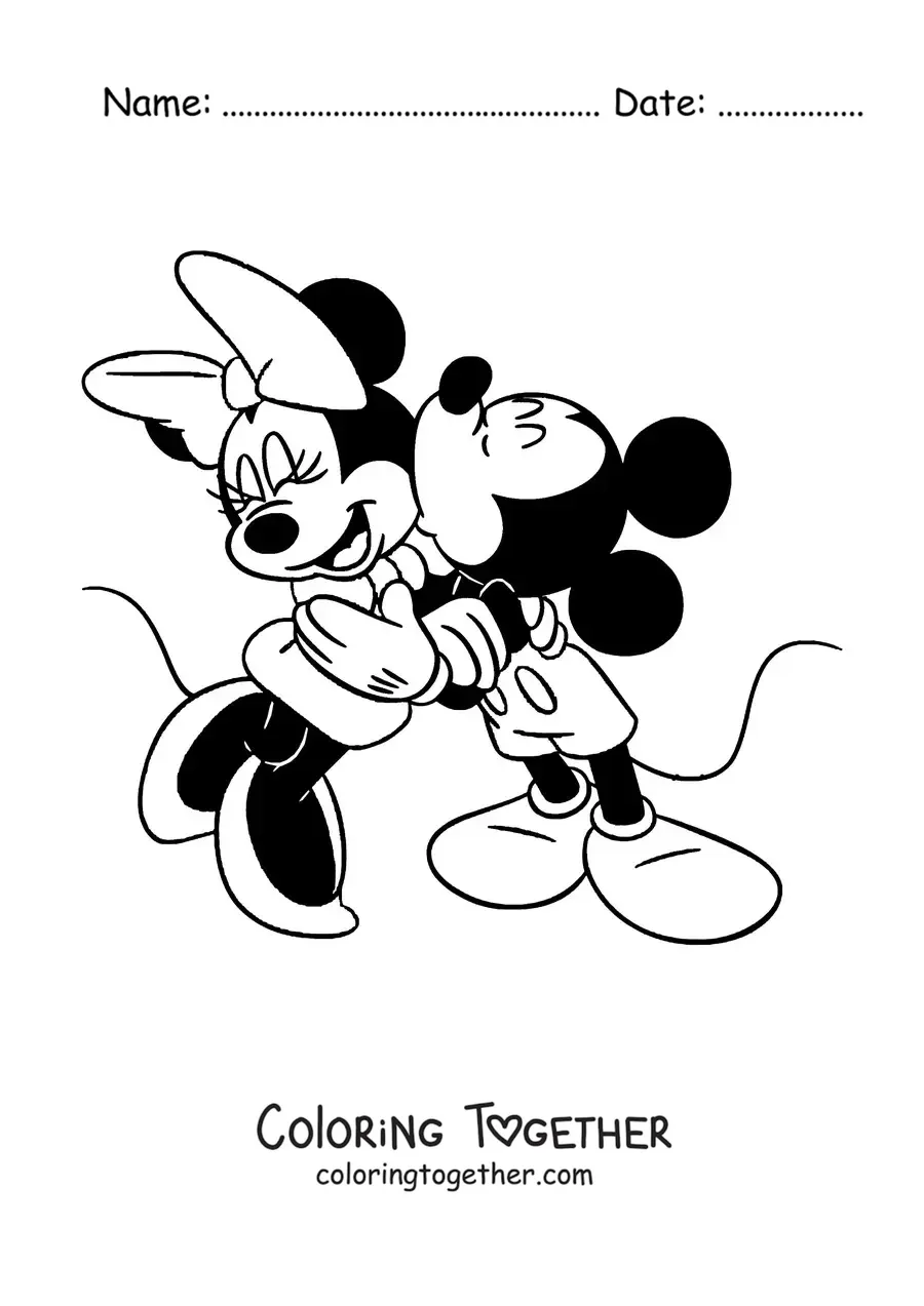 Coloring page of Mickey kissing Minnie on the cheek