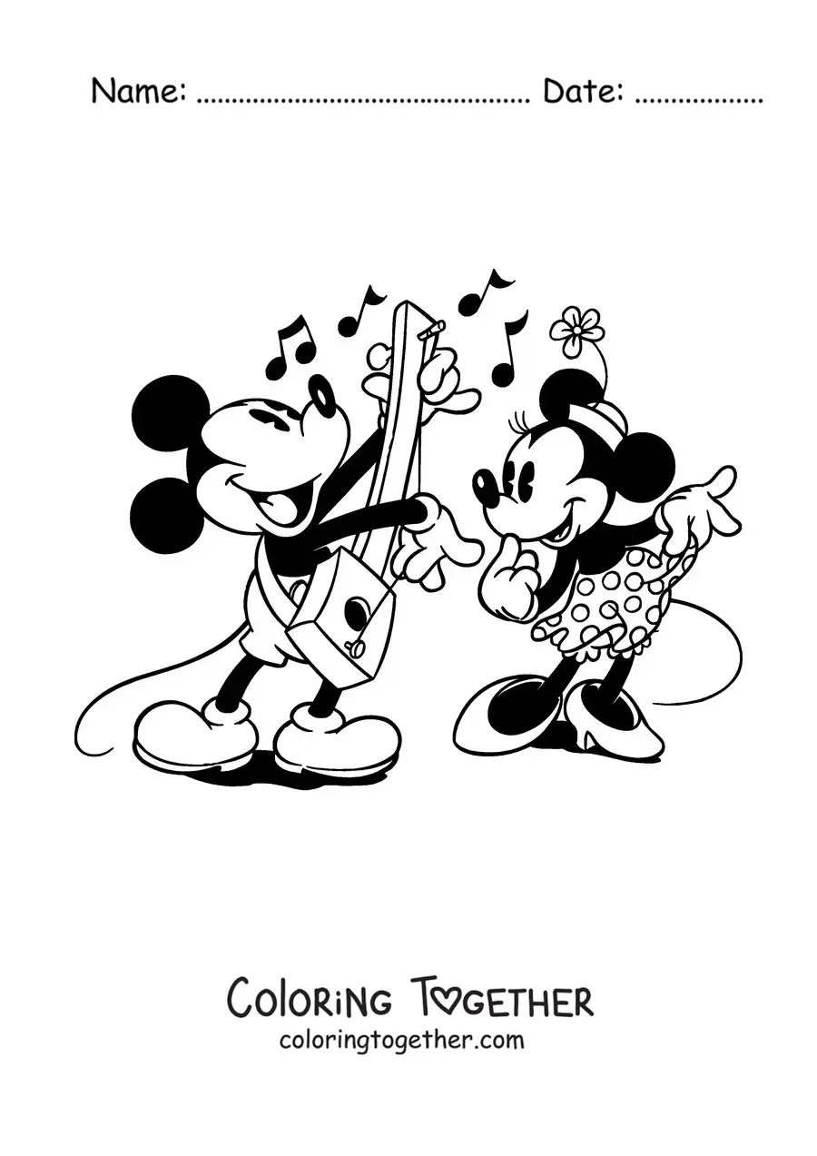 Coloring page of Mickey playing the guitar and Minnie dancing