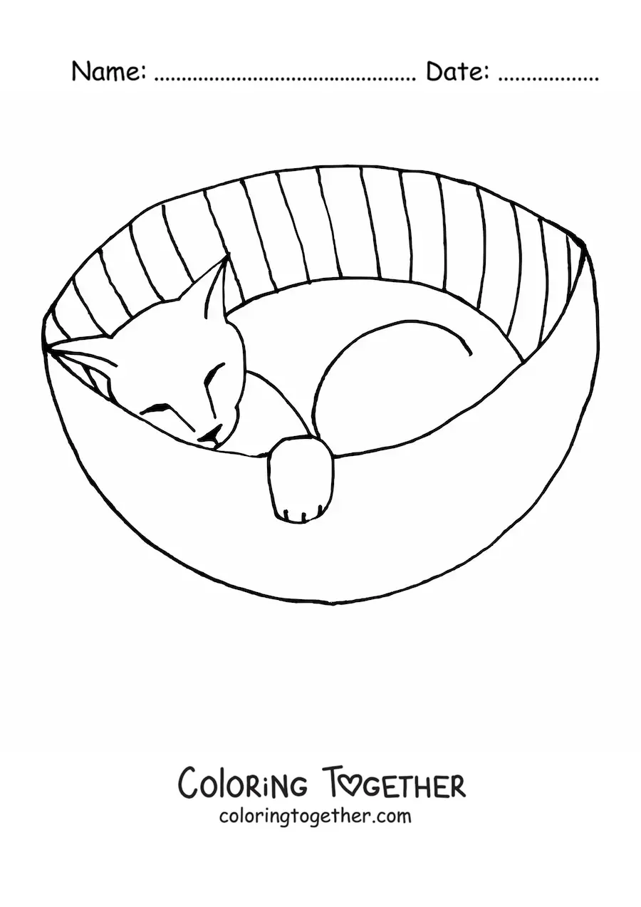 Coloring page of a cat sleeping in a cat bed
