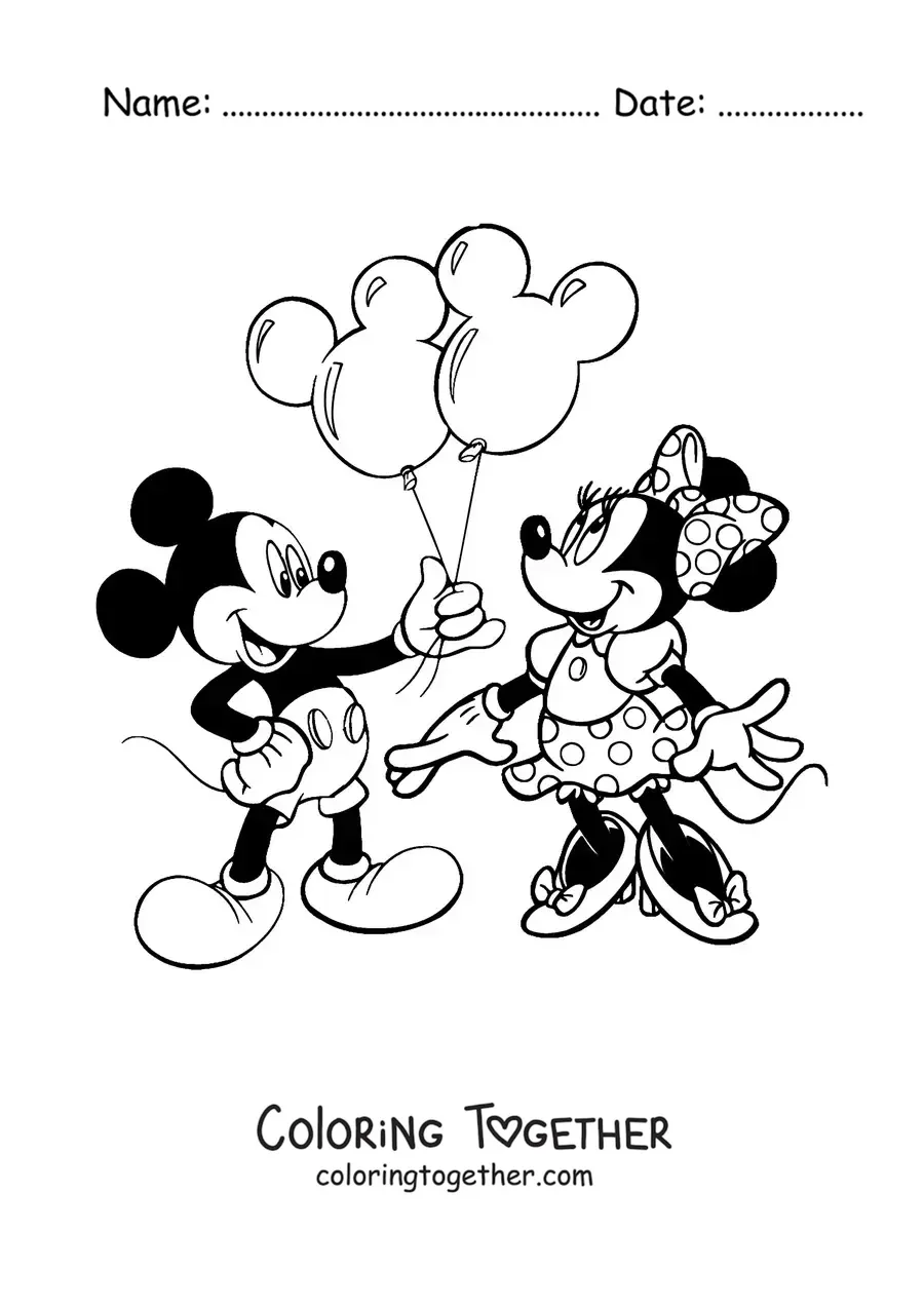 Coloring page of Mickey giving balloons to Minnie