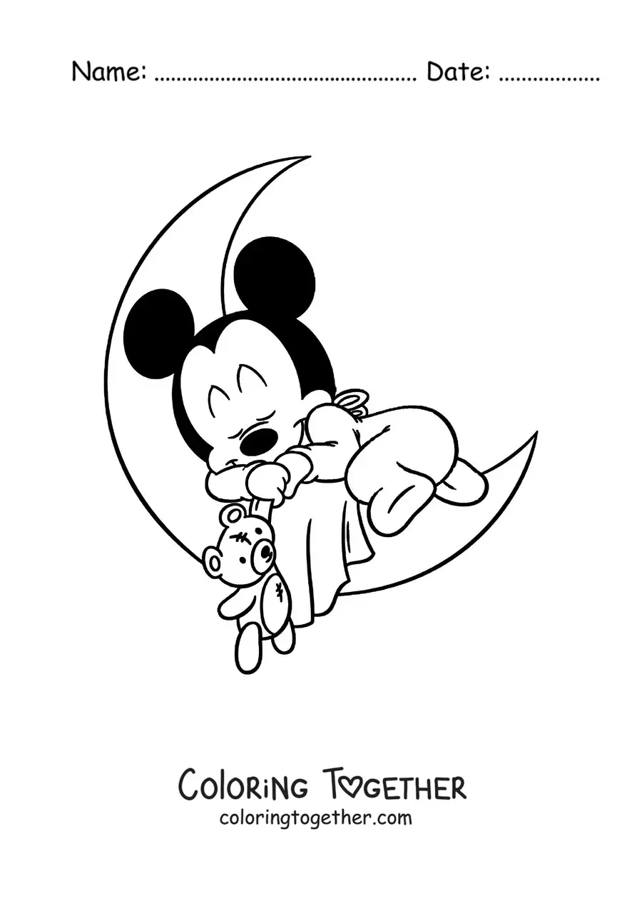 Coloring page of baby Mickey sleeping on a moon holding a teddy bear