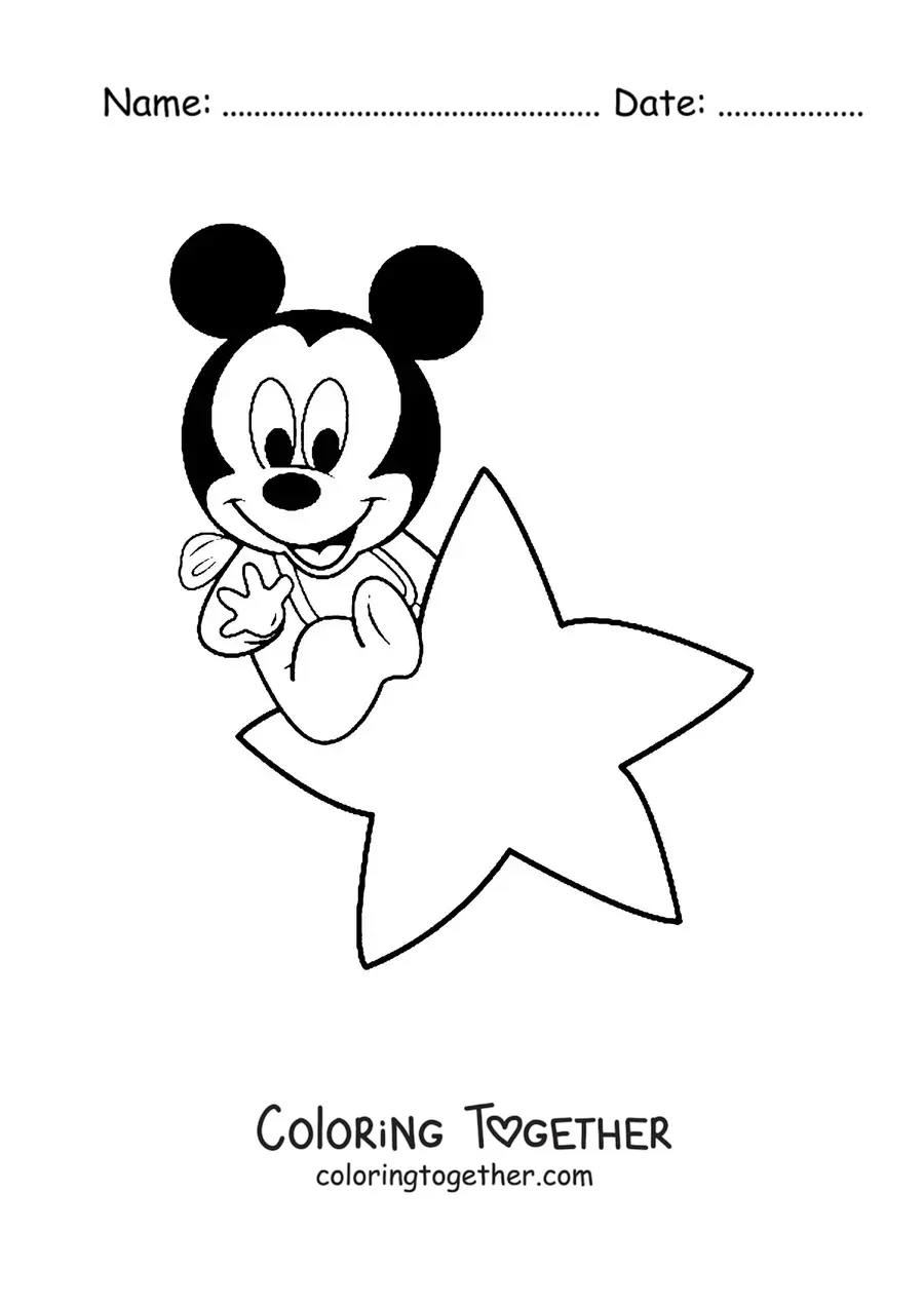 Coloring page of baby Mickey sitting on a star