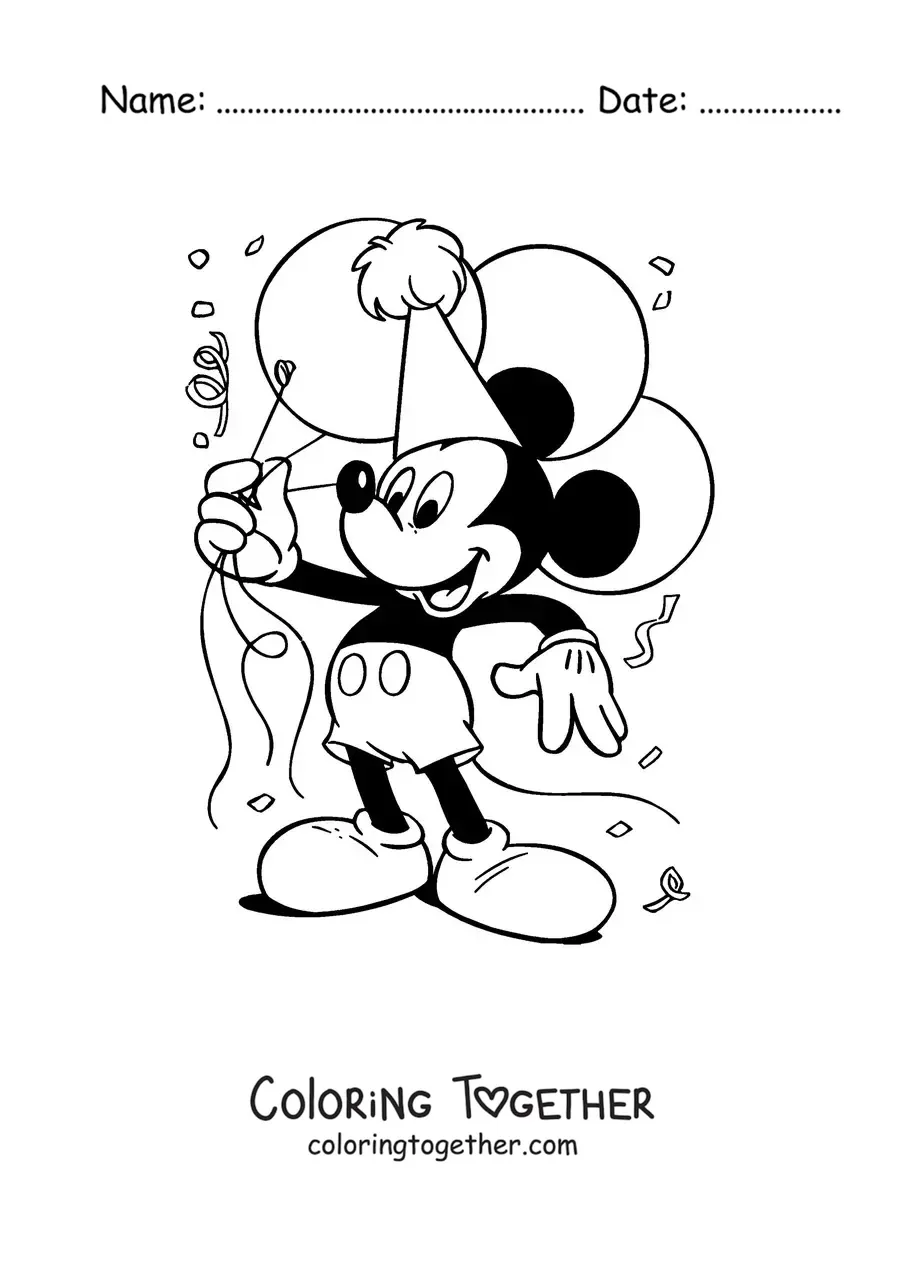 Coloring page of a happy Mickey holding several birthday balloons