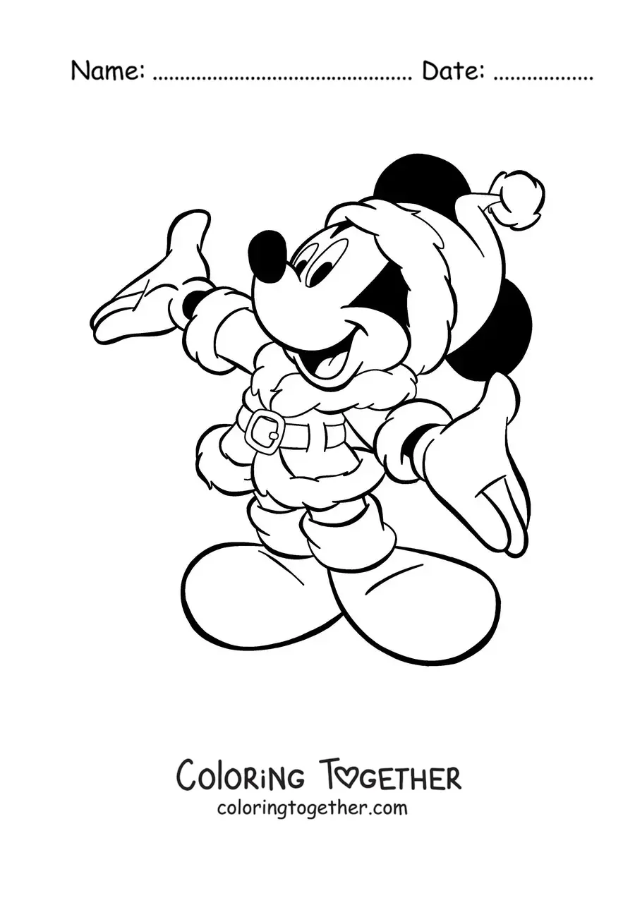 Coloring page of Mickey Mouse dressed as Santa Claus