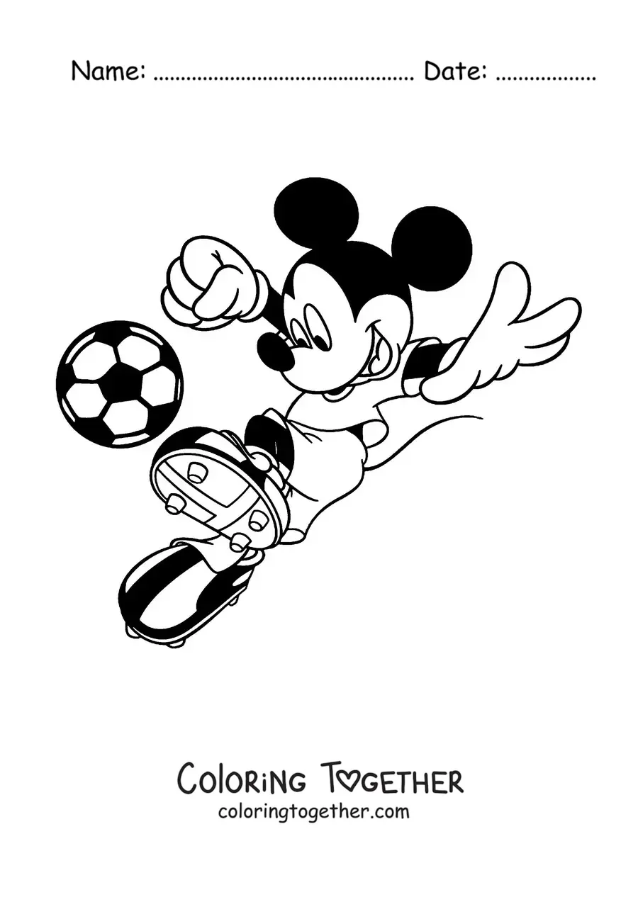 Coloring page of Mickey kicking a soccer ball