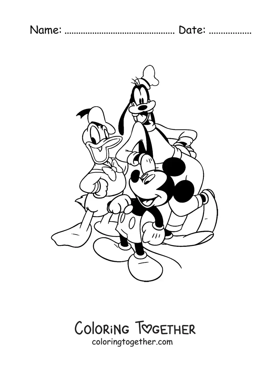 Coloring page of Mickey with Donald and Goofy
