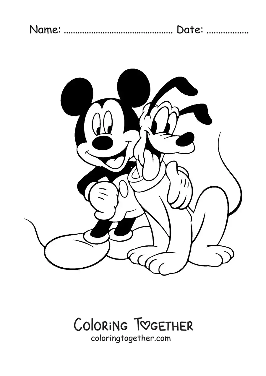 Coloring page of Mickey hugging Pluto
