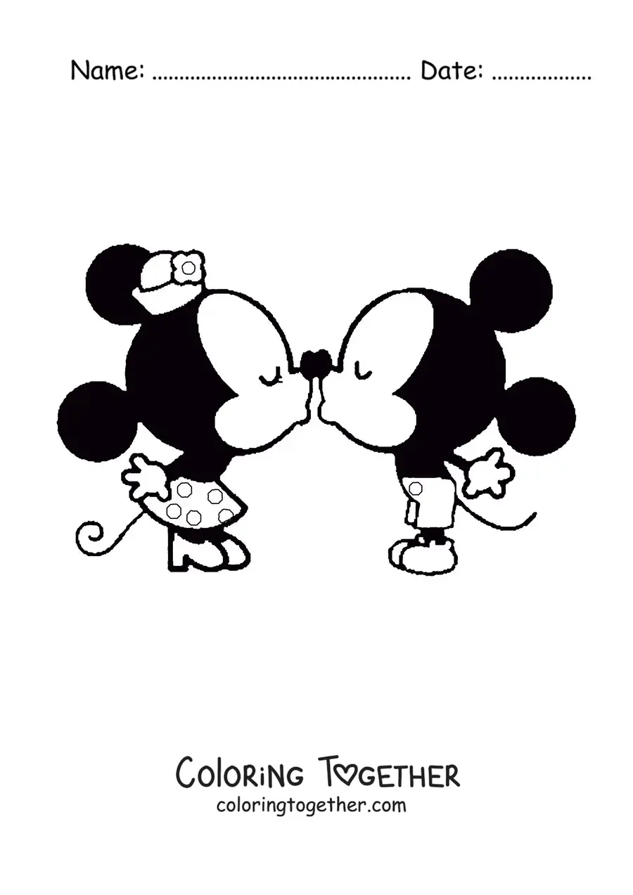 Coloring page of kawaii Mickey kissing Minnie