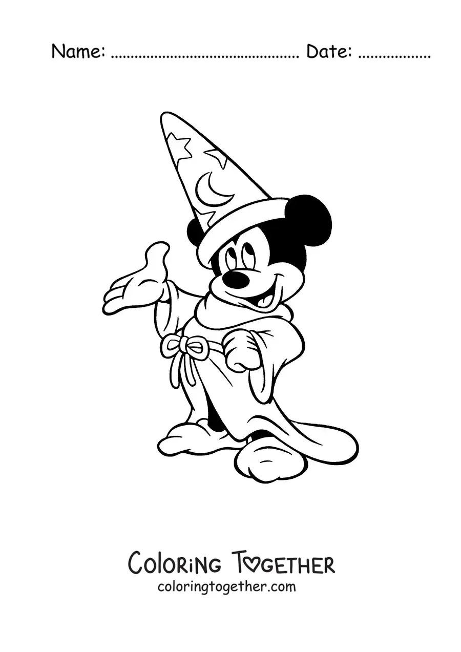Coloring page of Mickey dressed as a sorcerer