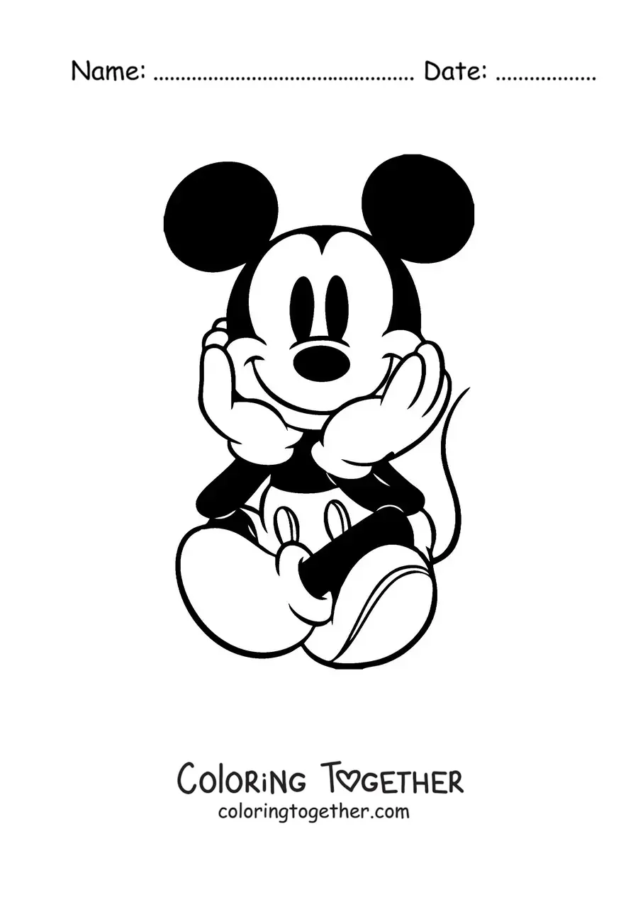 Coloring page of Mickey sitting with his legs crossed