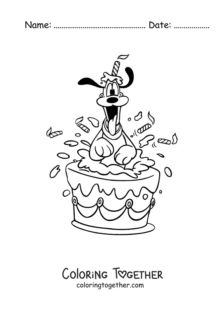 Coloring page of Pluto popping out of a birthday cake