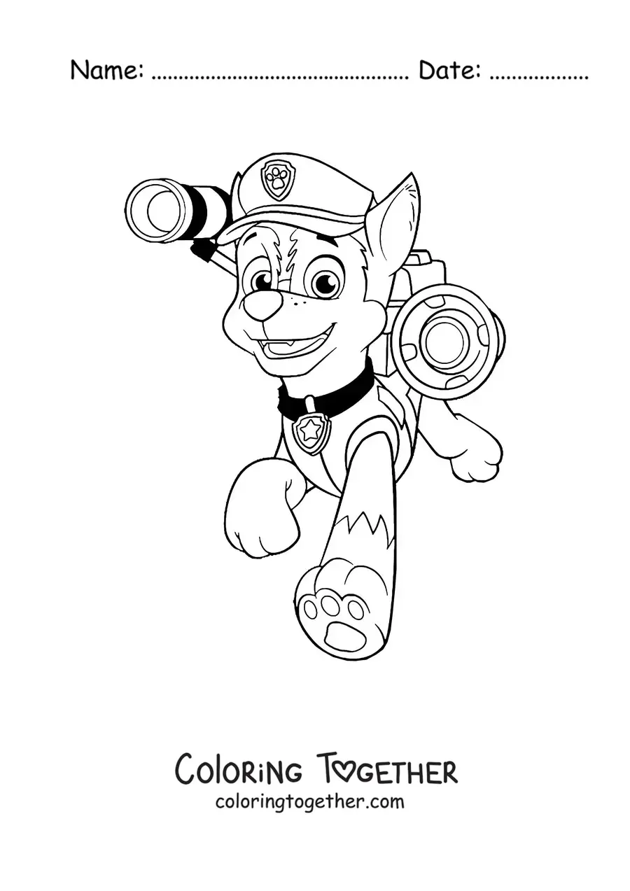 Coloring page of Chase from Paw Patrol running with a smile
