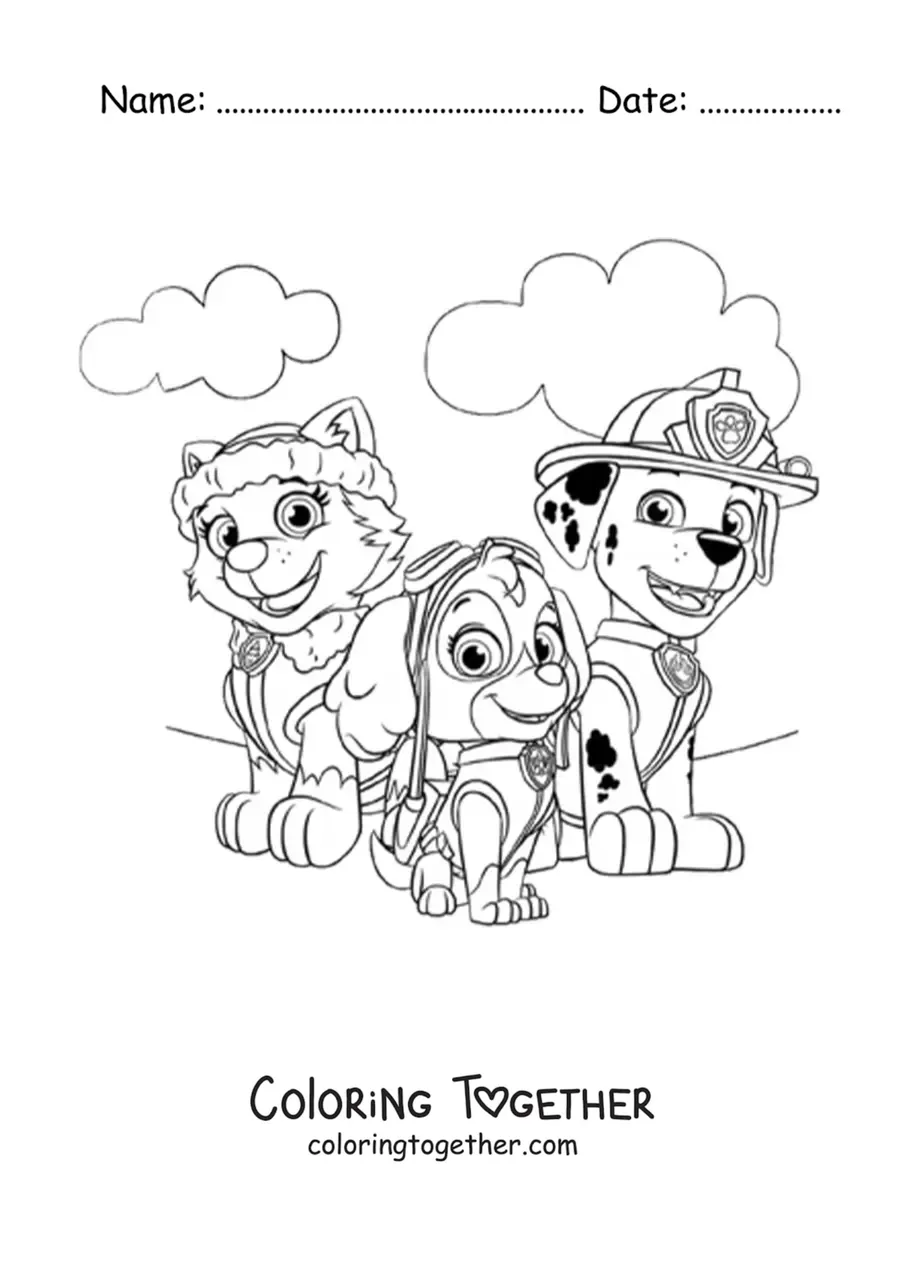Coloring page of Everest, Skye, and Marshall from Paw Patrol