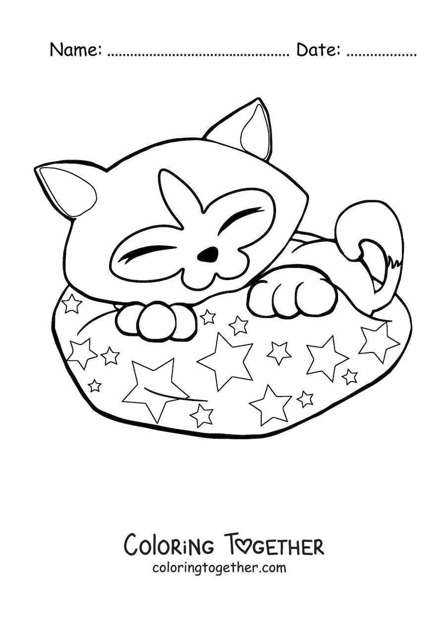 Coloring page of a Siamese cat sleeping in a bed with a star pattern
