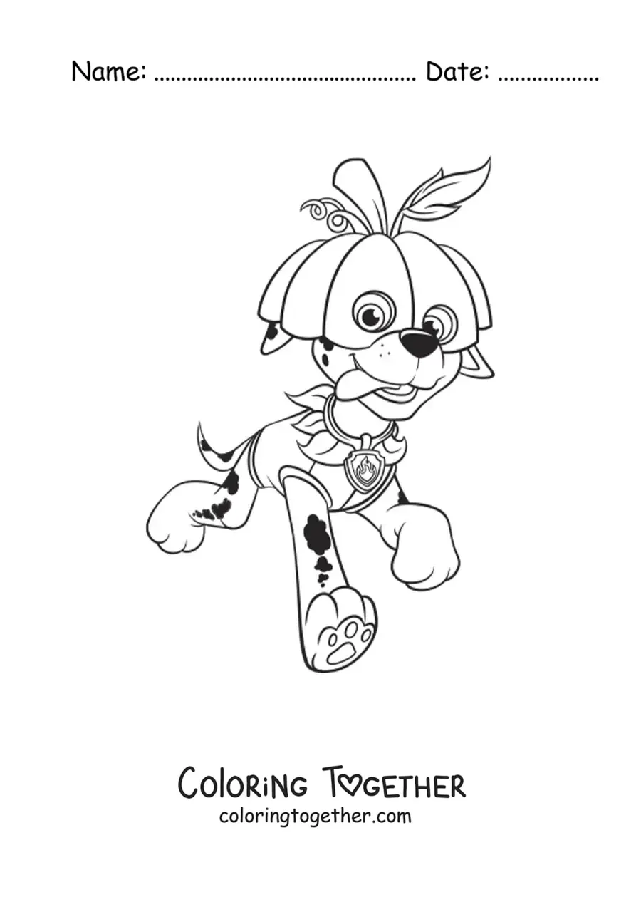 Coloring page of Marshall from Paw Patrol dressed up for Halloween