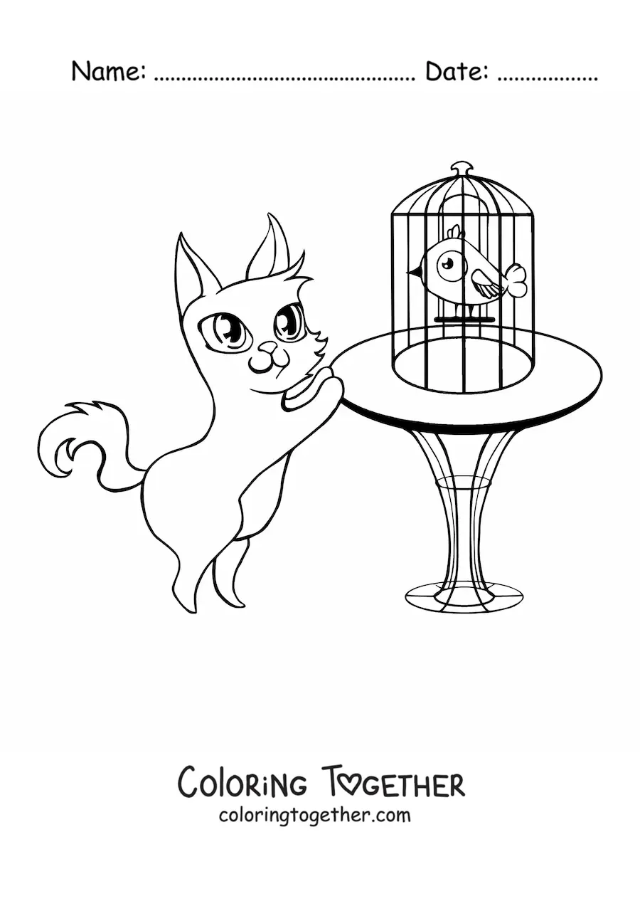 Coloring page of a cartoon cat looking at a bird in its cage on a table